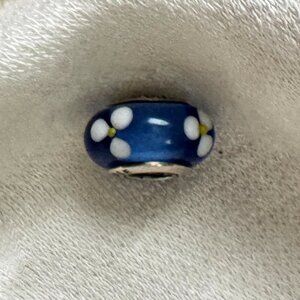Pandora White Flowers on Blue Murano Glass Bead
